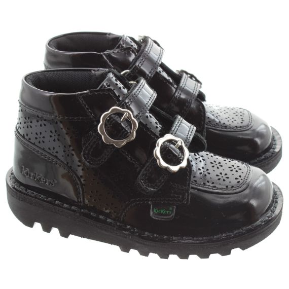 KICKERS Kids Kick Hi Meadow Velcro Boots In Black Patent