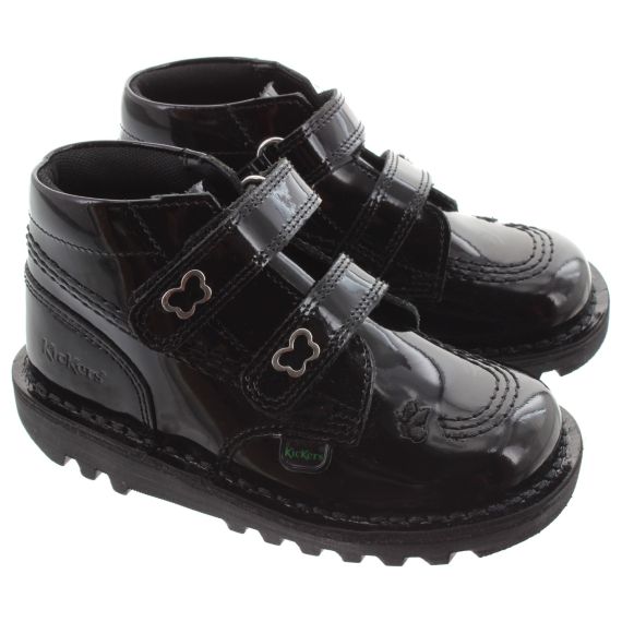 KICKERS Kids Kick Hi Velcro Wings Boots In Black Patent