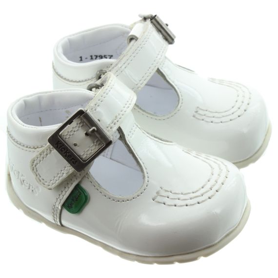 KICKERS Baby Kick T Bar Shoes In White Patent