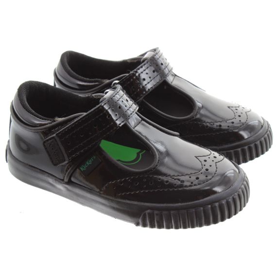 KICKERS Kids Tovni Brogue T-Bar Shoes In Black Patent 