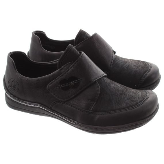 RIEKER Ladies 48954 Wide Fit Velcro Shoes In Black