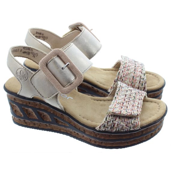 RIEKER Ladies 68172 Wedge Sandals In Beige