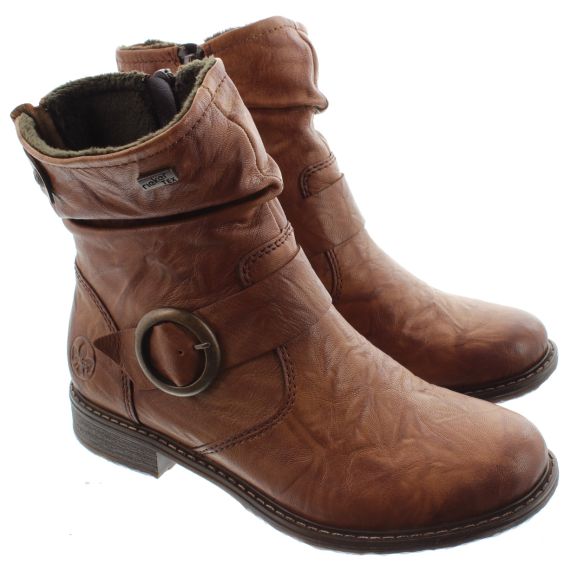 RIEKER Ladies 74857 Buckle Ankle Boots In Tan