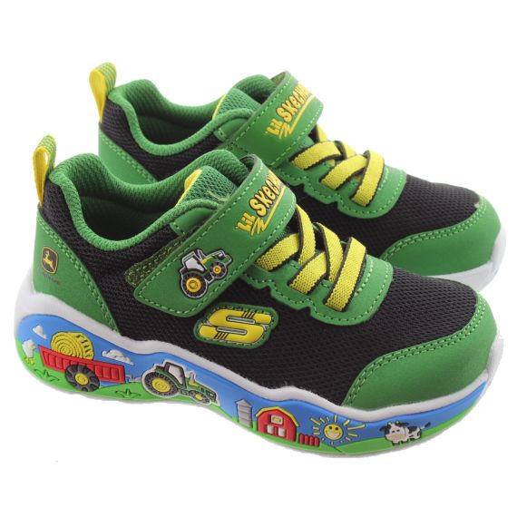 SKECHERS Kids 407065N John Deere Play Scene Barn Squad Buddies Velcro Trainers In Green And Black 