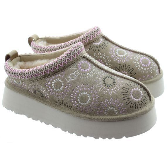 UGG Ladies Tazz Sun Stitch Platform Mules In Mustard Seed